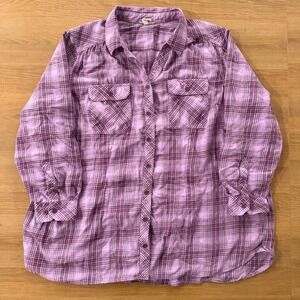 Duluth Trading Co Womens Plaid Button Down Shirt 3X Purple 3/4 Sleeve Flannel